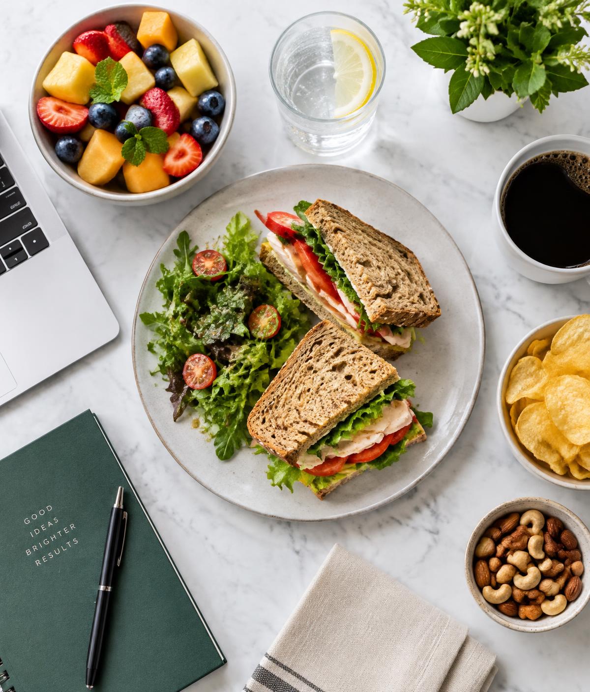 Verse belegde broodjes, gesneden fruit en een zakelijke lunch op een lichte tafel